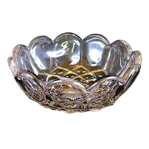 Sunburst & Diamond Scalloped Rim Heavy Glass Serving Bowl Vintage Glassware